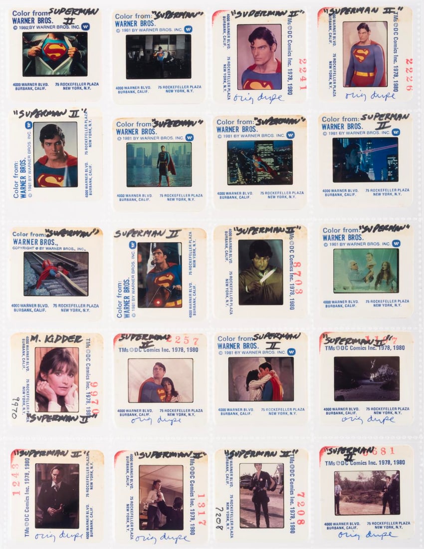 "Superman" and "Superman II" Publicity Slides.: (Warner Bros., 1978-81) A collection of 20 35mm slides of publicity photos from "Superman" and "Superman II." Included are photos of Christopher Reeve, Margot Kidder, Gene Hackman, Marlon Brando, and 