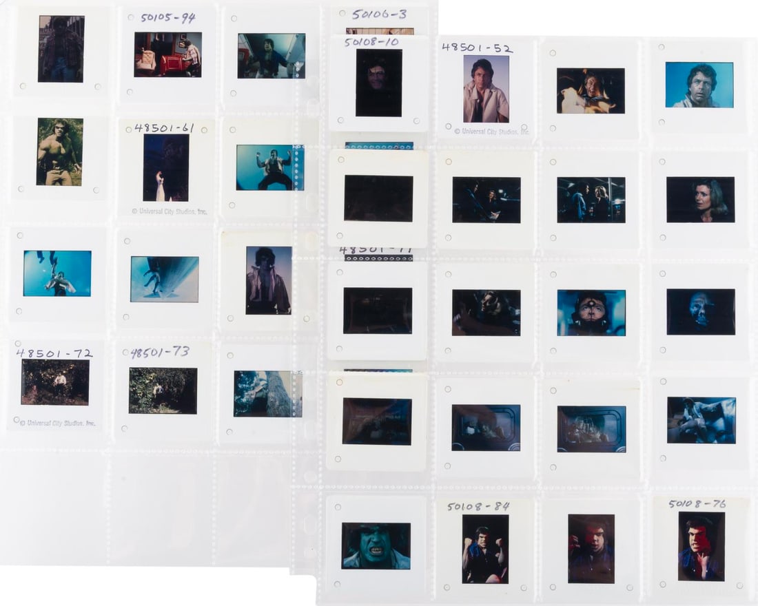 “The Incredible Hulk?? Television Series Publicity Slides.: (CBS, 1978) A collection of 36 35mm slides of publicity photos from "The Incredible Hulk" television series. Pictured are the cast in action, including Lou Ferrigno as the Hulk, Bill Bixby, and more. 