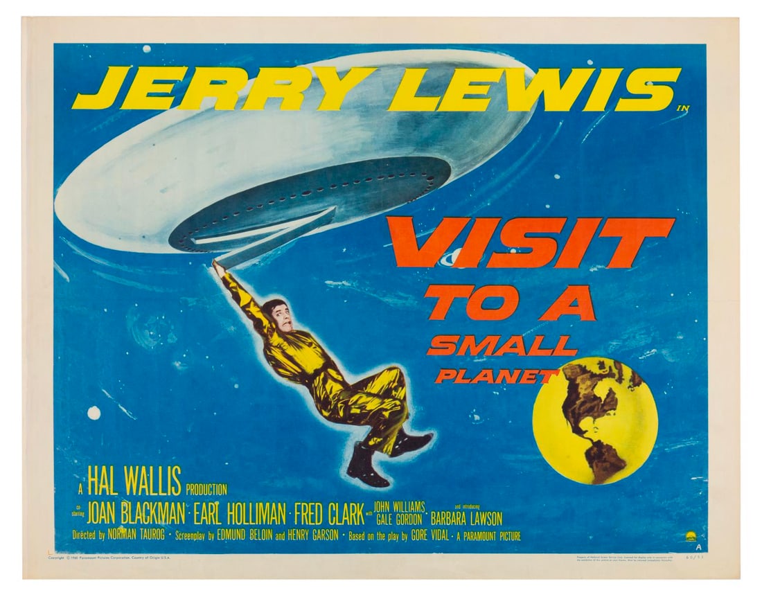 A "Visit to a Small Planet" Half-Sheet Poster.: (Paramount, 1960) A half-sheet for the sci-fi comedy "Visit to a Small Planet" starring Jerry Lewis. Measuring 22" x 28", the poster is in good condition with folds, creasing and discoloration.