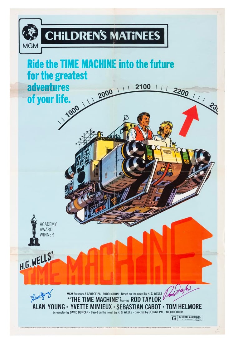 A Signed MGM Children’s Matinees “Time Machine?? One-Sheet.: (MGM, 1960) A Children’s Matinees one-sheet for the H.G. Wells adaptation “The Time Machine,” signed by Alan Young and Rod Taylor. Measuring 27" x 41", the poster is in fair condition with h