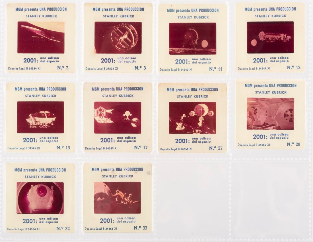 A Spanish "2001: A Space Odyssey" Publicity Slide Collection.: (MGM, 1968) A collection of 10 Spanish-language 35mm slides of spacecraft publicity photos from Stanley Kubrick’s "2001: A Space Odyssey." Measuring 7" x 9.5", the sheet of slides is in very good
