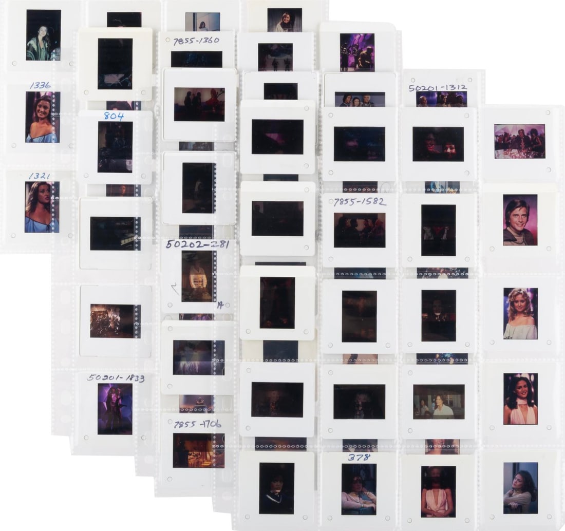 "Battlestar Galactica" Original Series Publicity Slides.: (ABC, 1978) A large collection of 72 35mm slides of publicity photos from the original "Battlestar Galactica" television series. Photographs of the cast include Richard Hatch, Jane Seymour, Dirk Bened