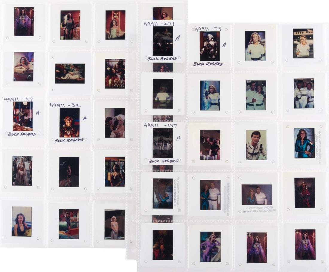 “Buck Rogers" Publicity Slides.: (ABC, 1979) A collection of 40 35mm slides of publicity photos from "Buck Rogers." Included are portraits of the cast, Gil Gerard, Erin Gray, Pamela Hensley, and more. Measuring 9.5" x 11.25", the she