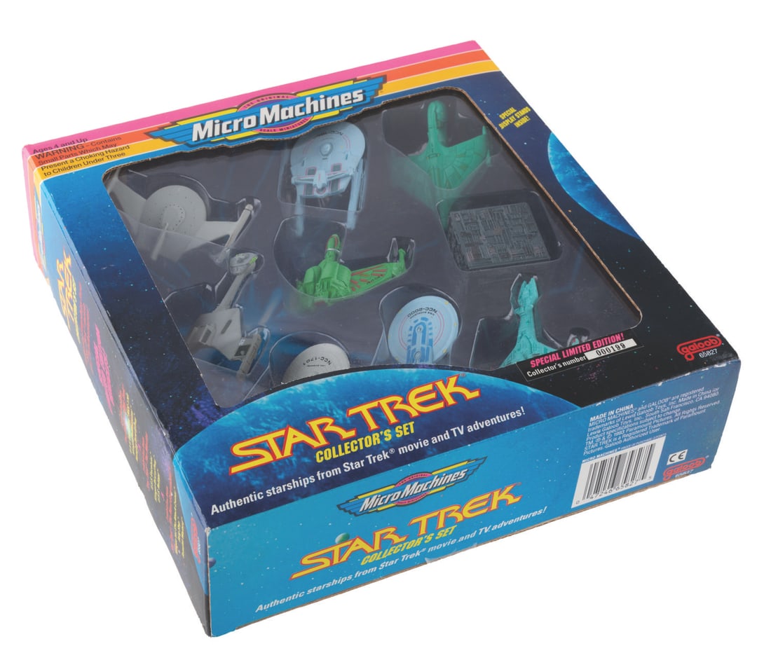 A Star Trek Starships Micro Machines Collector's Set.: (Galoob, 1993) A Star Trek Collector’s Set of nine starship Micro Machines in the original box. Included are the Enterprise, Excelsior, Reliant, Romulan and Klingon Birds of Prey, the Borg ship, Kli