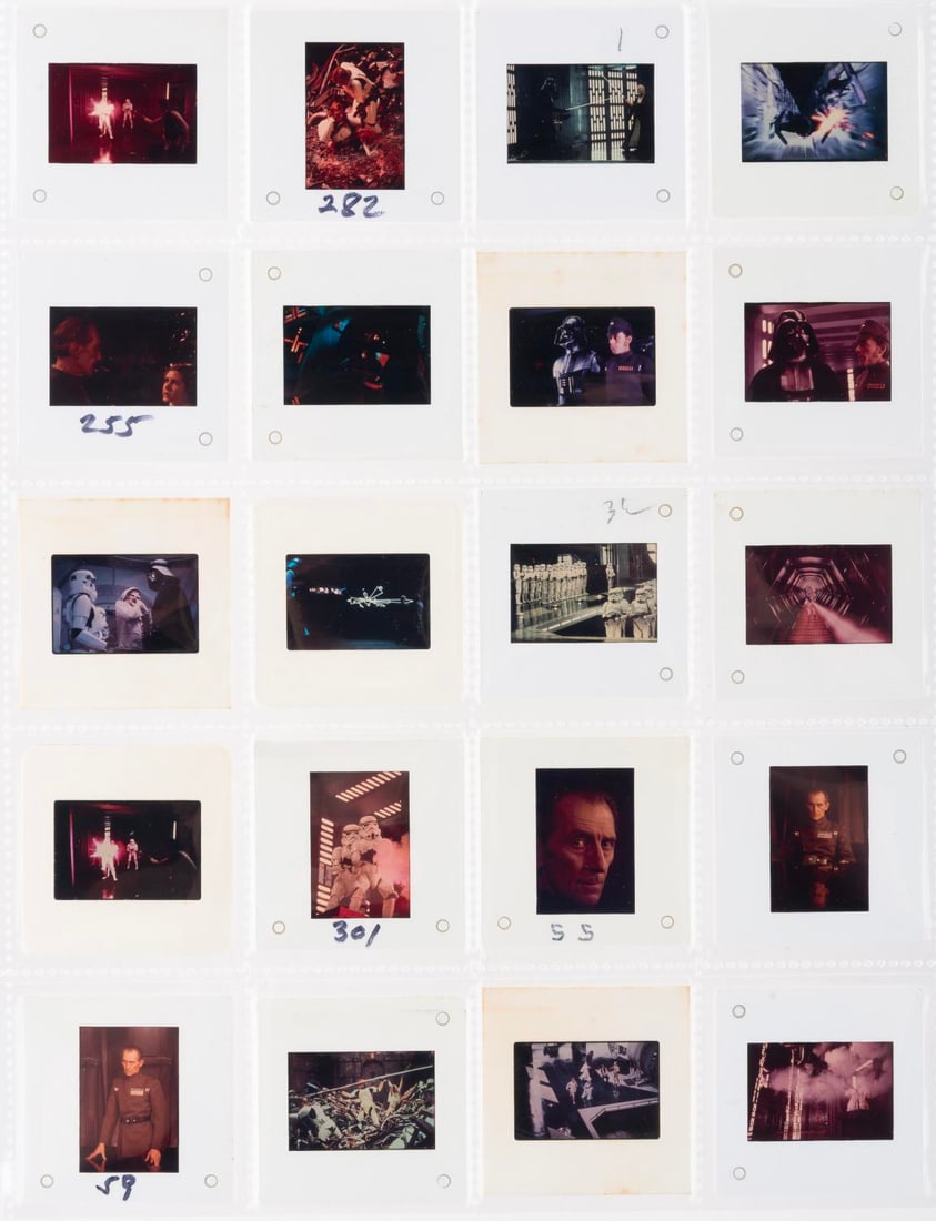 A "Star Wars" Death Star Publicity Slides Collection.: (20th Century Fox, 1977) A collection of 20 35mm slides of publicity photos from “Star Wars.” The collection features action aboard the Death Star and includes photos of the main cast, Grand