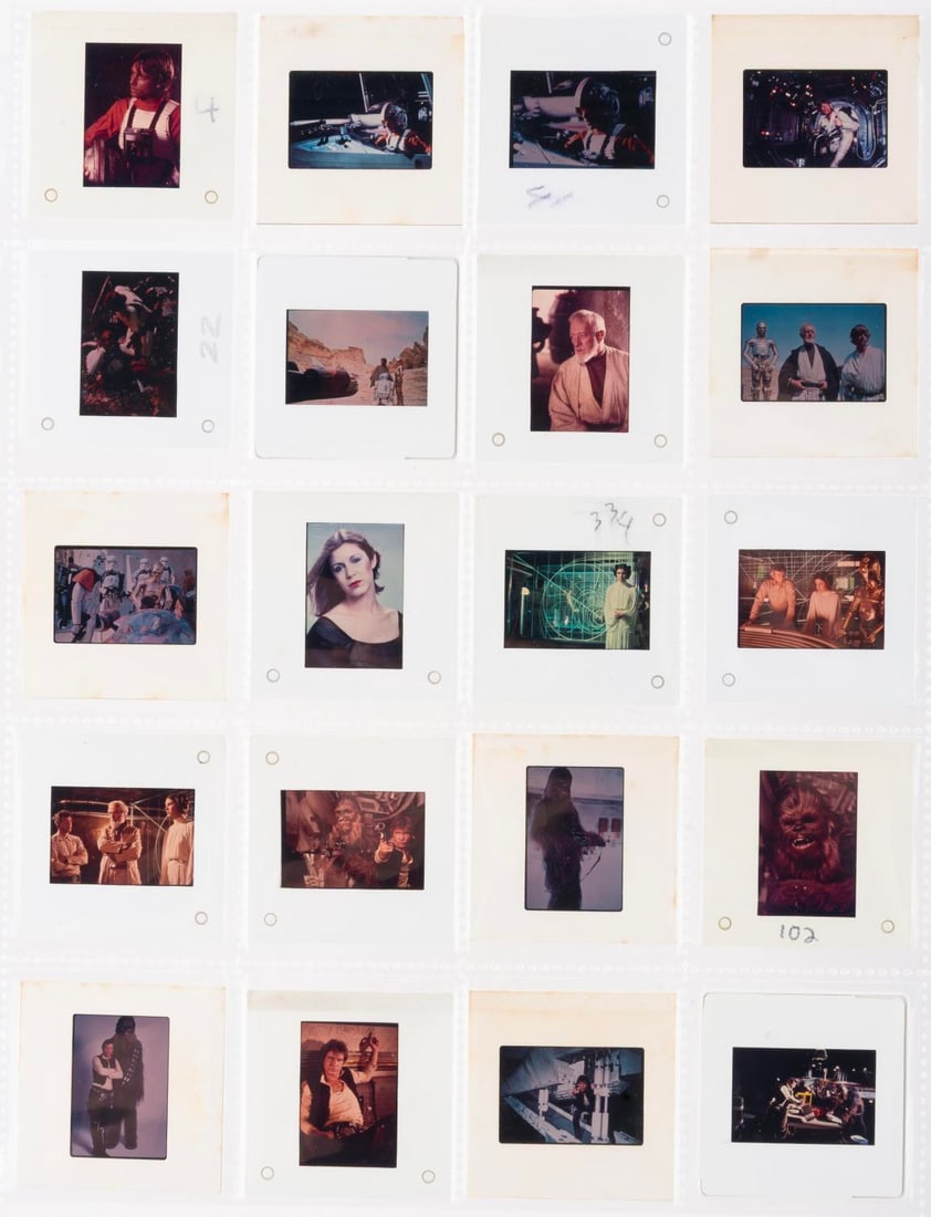 A Collection of "Star Wars" Publicity Photo Slides.: (20th Century Fox, 1977) A collection of 20 35mm slides of publicity photos from “Star Wars.” Pictured are the main characters, Luke Skywalker, Leia, Han Solo, Chewbacca, and Obi-Wan, as well