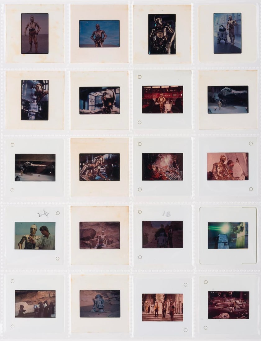 "Star Wars" Droid Publicity Slides.: (20th Century Fox, 1977) A collection of 20 35mm slides of publicity photos from “Star Wars.” Pictured are C-3PO and R2D2, as well as the Death Star Canons, an X-Wing, and the finale throne