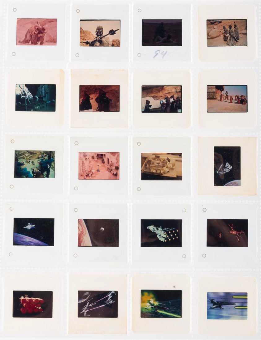 A Collection of "Star Wars" Publicity Slides.: (20th Century Fox, 1977) A collection of 20 35mm slides of publicity photos from “Star Wars.” Pictured are scenes from Tatooine, several views of spaceships from space, and behind-the-scenes