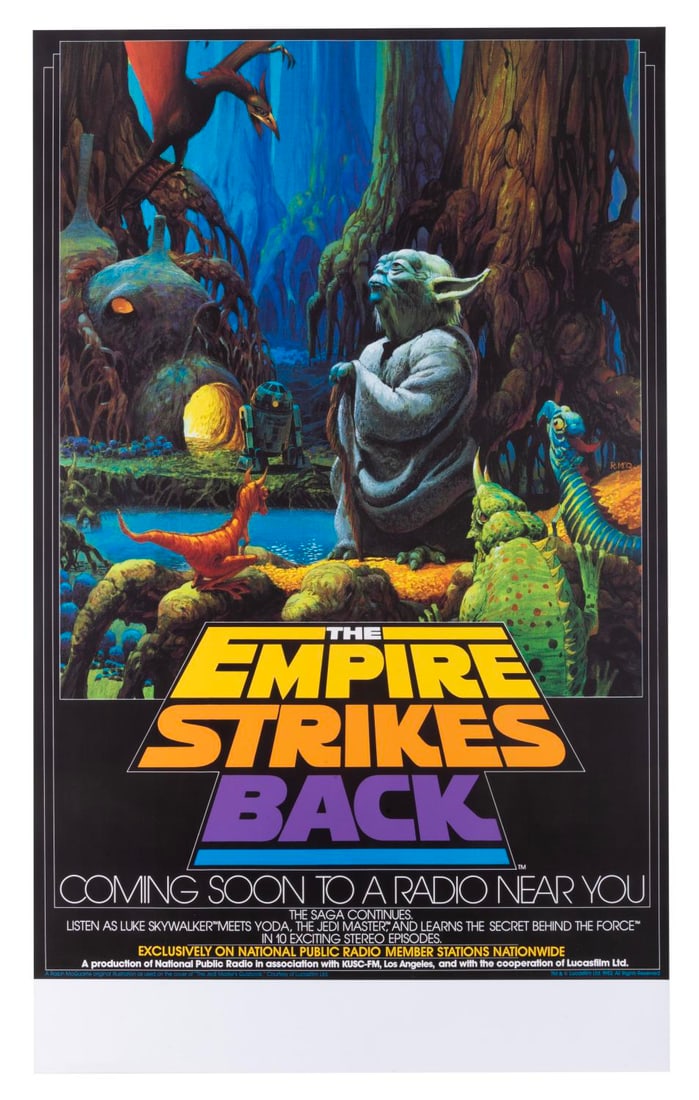 A Star Wars "The Empire Strikes Back" Radio Drama Poster.: (NPR, 1990s-2010s) A re-print poster for the 1982 radio drama adaptation of “Star Wars: The Empire Strikes Back.” The poster features artwork of Yoda and R2-D2 on Dagobah by Ralph McQuarrie.