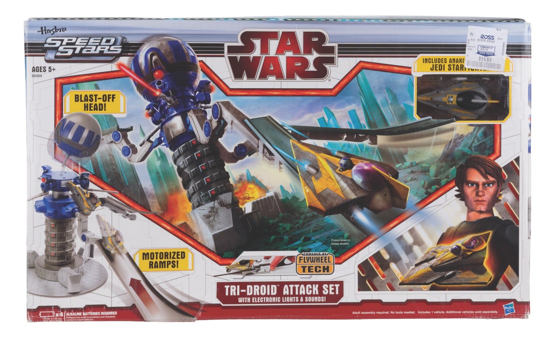 A Star Wars Speed Stars Tri-Droid Attack Set.: (Hasbro, 2010) A Clone Wars Speed Stars Tri-Droid Attack Set game with "lights, sounds, and battling action." The toy requires four "AA" batteries (not included) and is sealed in the original box, in