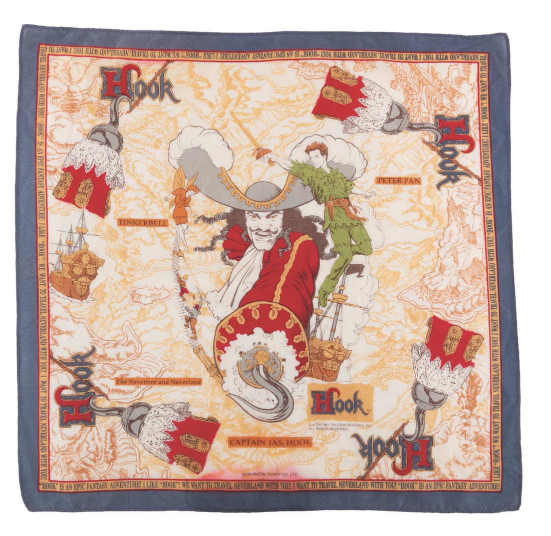A “Hook?? Handkerchief.: (TriStar, 1991) A “Hook” themed handkerchief. Measuring 16.5” x 16.5”, the handkerchief is in very good condition with light wear.