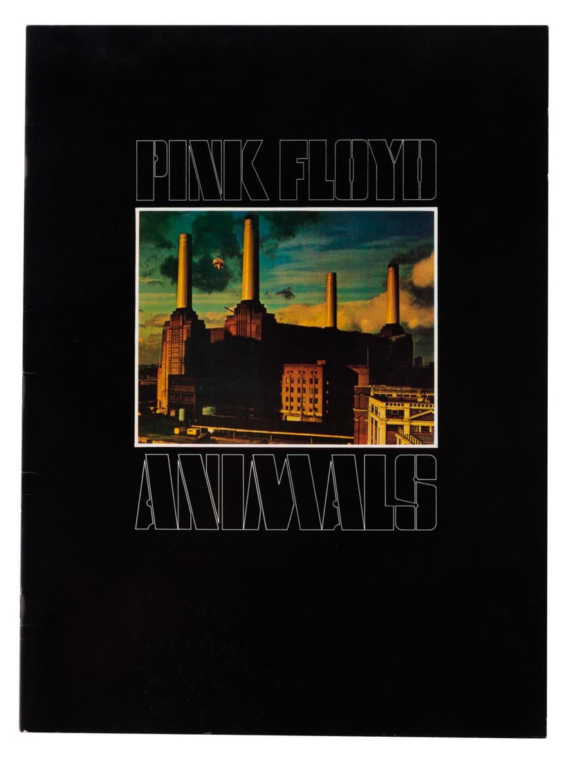 A 1977 Pink Floyd Animals Program.: (Pink Floyd, 1977) A souvenir program from the Pink Floyd In the Flesh tour from 1977, supporting their "Animals" album. The 28-page program is filled with artistic photos, many featuring the iconic