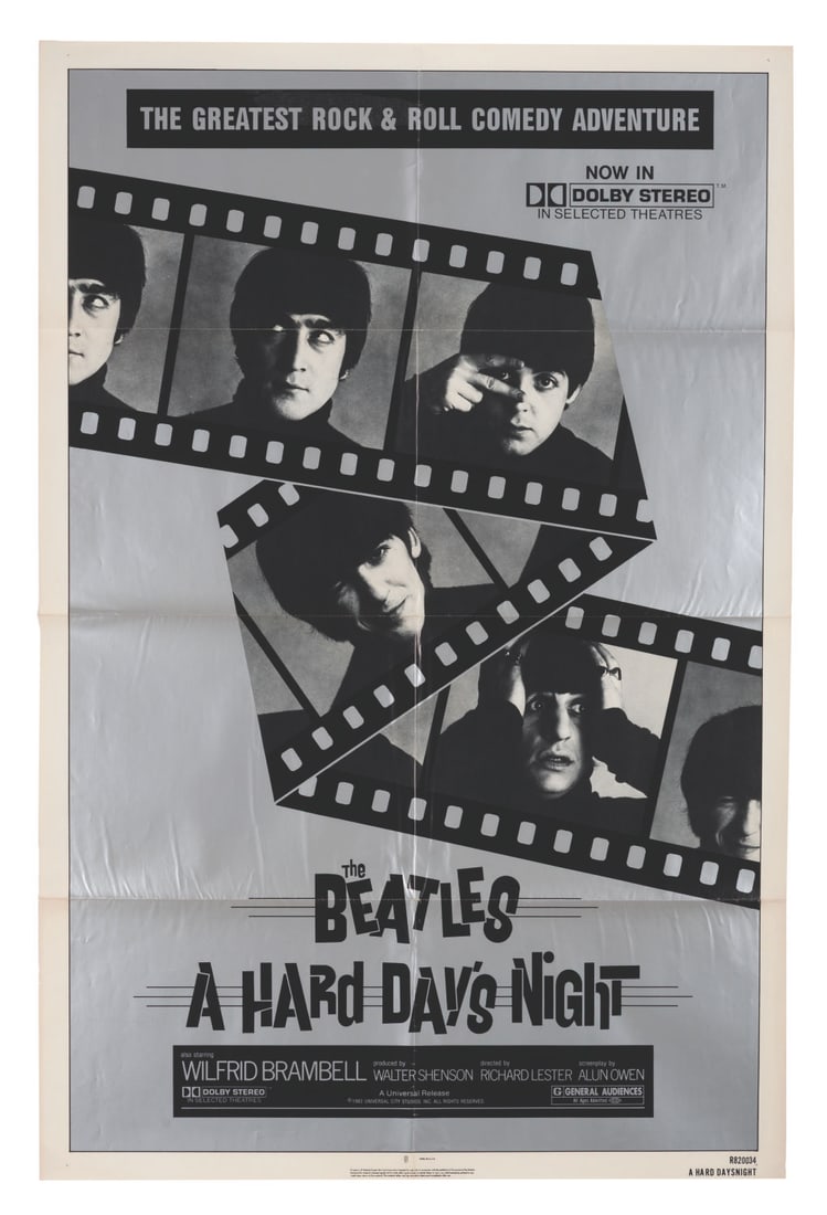 A Re-Release The Beatles “A Hard Day's Night" One-Sheet.: (Universal, 1982) An original one-sheet for the 1982 re-release of The Beatles' “A Hard Day’s Night.” Measuring 27” x 41”, the poster displays in good condition with creases and