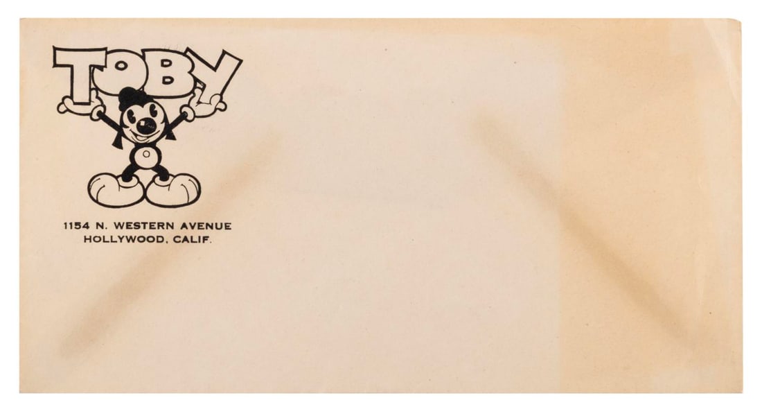 A Charles Mintz “Toby the Pup“ Envelope.: (Charles Mintz, 1930-31) An envelope from the legendary Charles Mintz Studio featuring Toby the Pup. Measuring 4" x 7.5", the envelope is in very good condition with discoloration, creasing, and