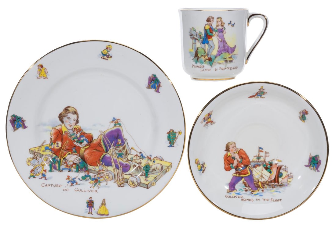 A “Gulliver's Travels?? Teacup, Saucer, and Small Plate.: (Hammersley & Co., 1939) A bone china teacup, saucer, and a small plate featuring imagery from Fleischer’s “Gulliver's Travels,” manufactured by Hammersley & Co in England. Measuring up to