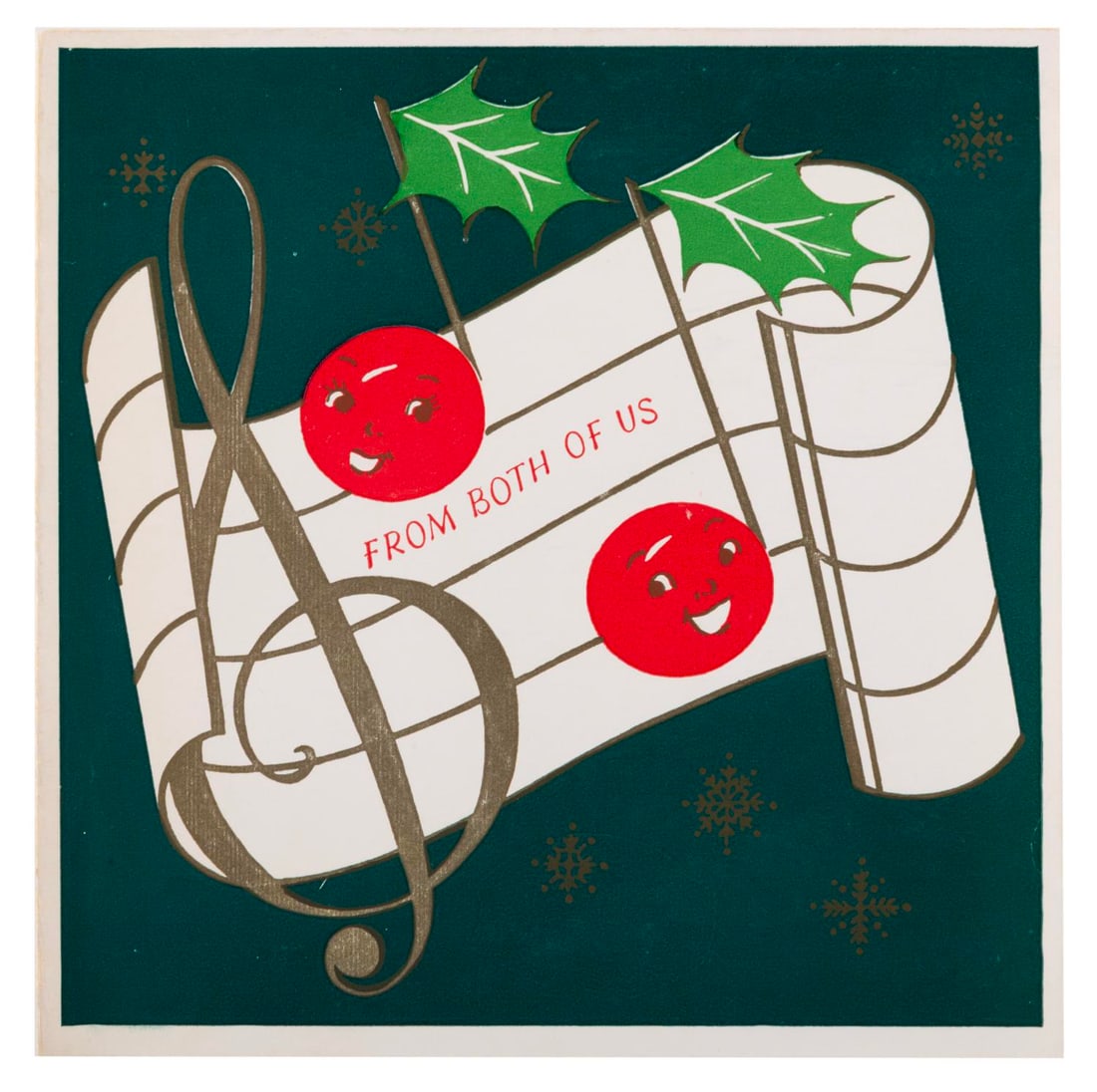 A Gladys and Carl Stalling Christmas Card.: (Stalling, 1940s-50s) A Christmas card from Gladys and Carl Stalling. Stalling, a prolific composer, provided orchestral scores for early Mickey Mouse, Merrie Melodies, and Looney Tunes shorts. Measur