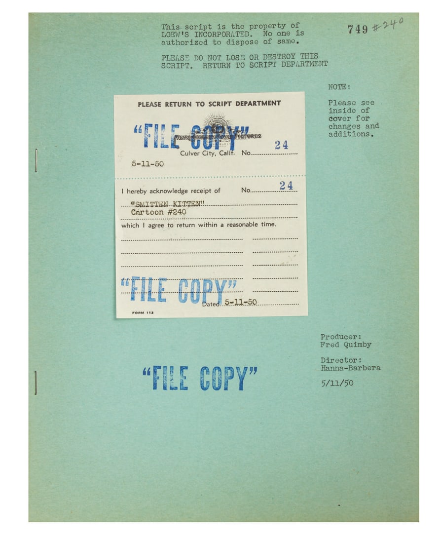 A Tom and Jerry "Smitten Kitten" Script. (1 of 3)