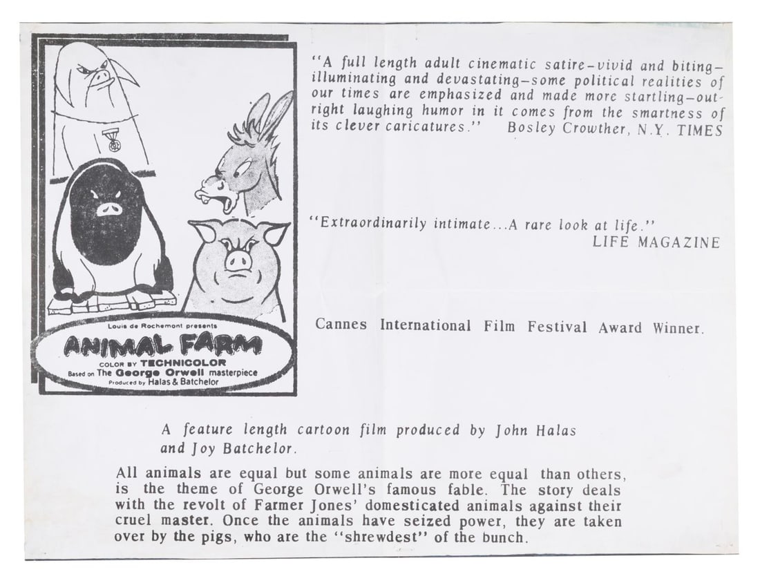 An "Animal Farm" Review Poster.: (British Pathe, 1954) A photostat poster with reviews and quotes about "Animal Farm," printed to add below a poster in theaters. Measuring 18" x 24.25", the poster is in good condition with heavy