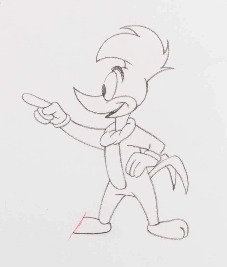 A Woody Woodpecker Production Drawing.: (Universal, 1960s-70s) An original drawing of Woody Woodpecker from an unknown production. With a character image of 3” x 3.75” on 10.5” x 12.5” animation paper, the graphite