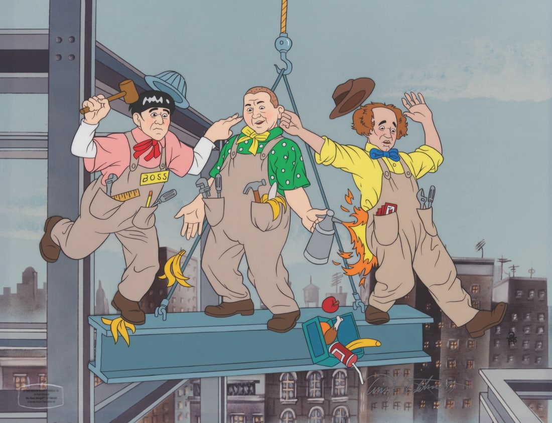 A "Three Stooges" Limited Edition Hand-Painted Cel.: (Norman Maurer, 1991) A Three Stooges hand-painted cel with a color copy background. The cel and background are signed by the artist and numbered 2/PP (printer’s proof). The Stooges measure 11.5" x