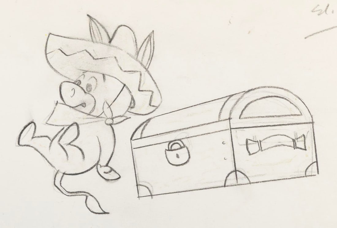 A "Quick Draw McGraw" Production Drawing.: (Hanna-Barbera, 1950s-80s) An original drawing of Baba Looey from an unknown “Quick Draw McGraw” production. Baba measures 3.5" x 5.25" on 10.5" x 12.5" animation paper and is in good, product