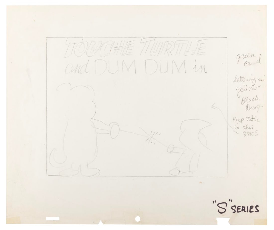 A "Touche Turtle and Dum Dum" Rough Title Layout Drawing.: (Hanna-Barbera, 1960s) A rough title layout drawing from "Touche Turtle and Dum Dum." With an image size of 6.5" x 8.75" on 10.25" x 12.25" trimmed animation paper, the graphite drawing is in good