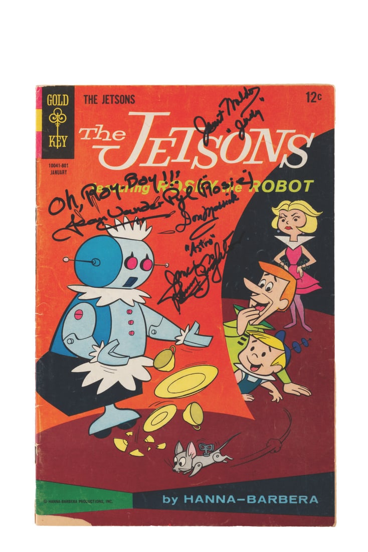 A Multi-Signed "The Jetsons" Comic Book.: (Gold Key, 1968) Issue 25 of The Jetsons comic book, signed by four members of the cast. Autographs include Don Messick (Astro), Janet Waldo (Judy), Jean Vander Pyl (Rosie) and Penny Singleton (Jane).