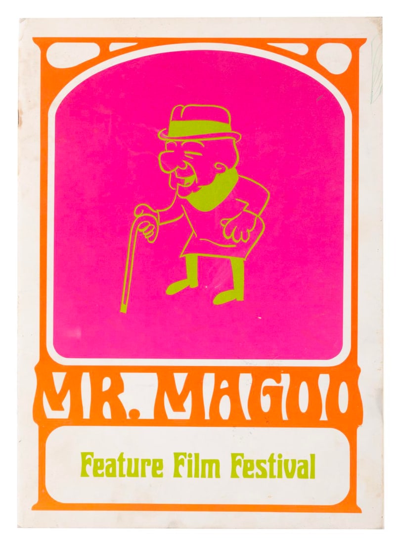 A Mr. Magoo Feature Film Festival Exhibitor Brochure.: (UPA, 1960s) A large-format Mr. Magoo Feature Film Festival exhibitor brochure promoting a six-film series of Mr. Magoo titles. The films were assembled from the 1964-1965 "The Famous Adventures of Mr