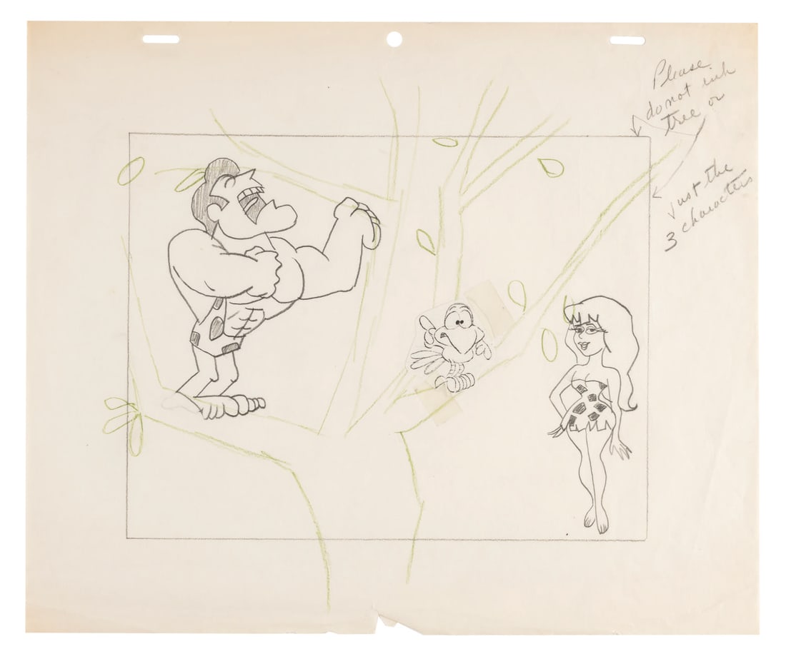 A George of the Jungle, Ursula, and Tookie-Tookie Layout Drawing.: (Ward, 1967) An original layout drawing of George and Ursula from “George of the Jungle.” The drawing includes a paste-in copy of a Tookie-Tookie bird drawing. With an image size of 9.25&rdquo
