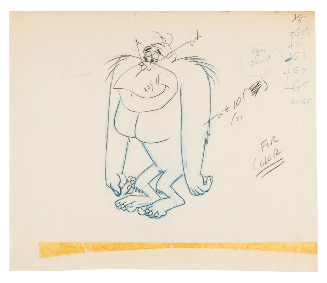 An Ape “George of the Jungle?? Color Key Drawing.: (Ward, 1967) An original color key drawing of Ape with hand-written notations from “George of the Jungle.” Measuring 9.75” x 11.25” with a character image size of 6.75” x