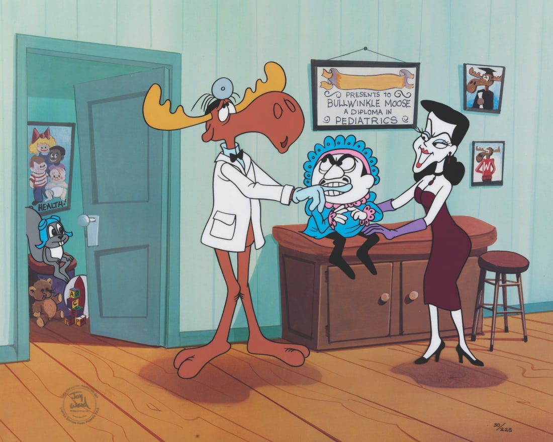 A Bullwinkle Pediatrics Limited Edition Cel.: (Ward/Universal, 1994) A limited edition hand-painted cel of Rocky, Bullwinkle, Natasha, and Boris. The cel features a Jay Ward Productions, Inc. seal at the bottom left and is numbered 30/225 at the