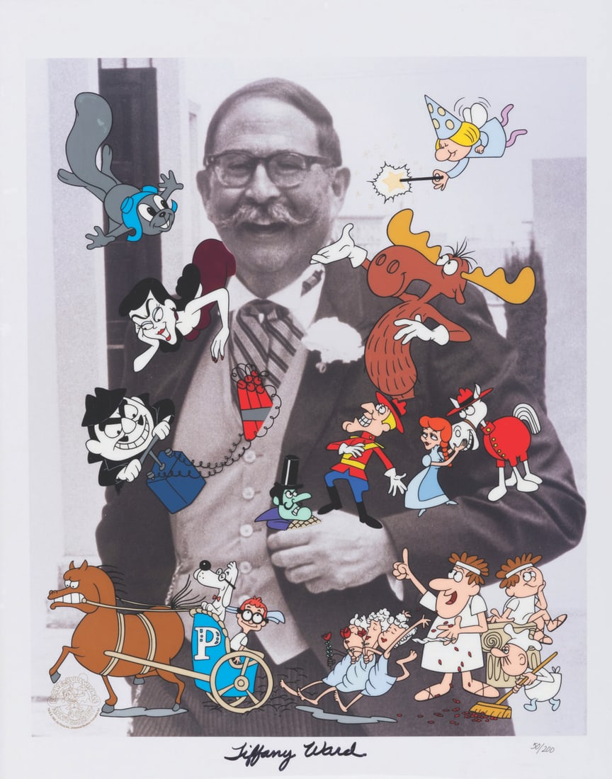 A Limited Edition Jay Ward Tribute Cel.: (Universal, 1999) A tribute cel to Rocky & Bullwinkle creator Jay Ward, signed by his daughter, producer Tiffany Ward. Ward is shown with the characters from Rocky & Bullwinkle & Friends, in this cel