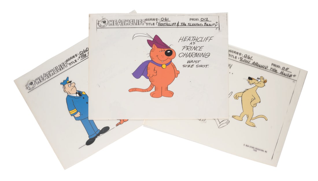 A Trio of Heathcliff Model Cels.: (Ruby-Spears, 1980) Three Heathcliff model cels of a cop, a mountain lion, and Heathcliff as Prince Charming. Each of the hand-painted cels were used in the production of the series’ first season,
