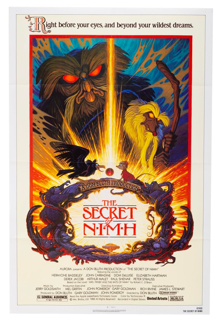 A "The Secret of NIMH" One-Sheet.: (MGM/United Artists, 1982) An original release one-sheet for "The Secret of NIMH," featuring artwork from Dungeons & Dragons illustrator Tim Hildebrandt. Measuring 27" x 41", the poster is in very
