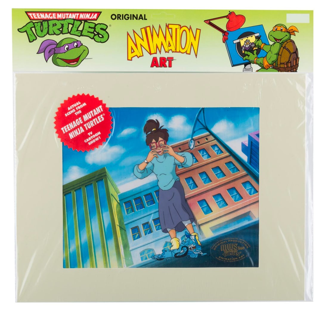 A "Teenage Mutant Ninja Turtles" Irma Original Production Cel.: (Murakami-Wolf-Swenson, 1987-91) An original production cel of Irma from “Teenage Mutant Ninja Turtles” with a color copy background. Irma has an image size of 3” x 6.5” in an