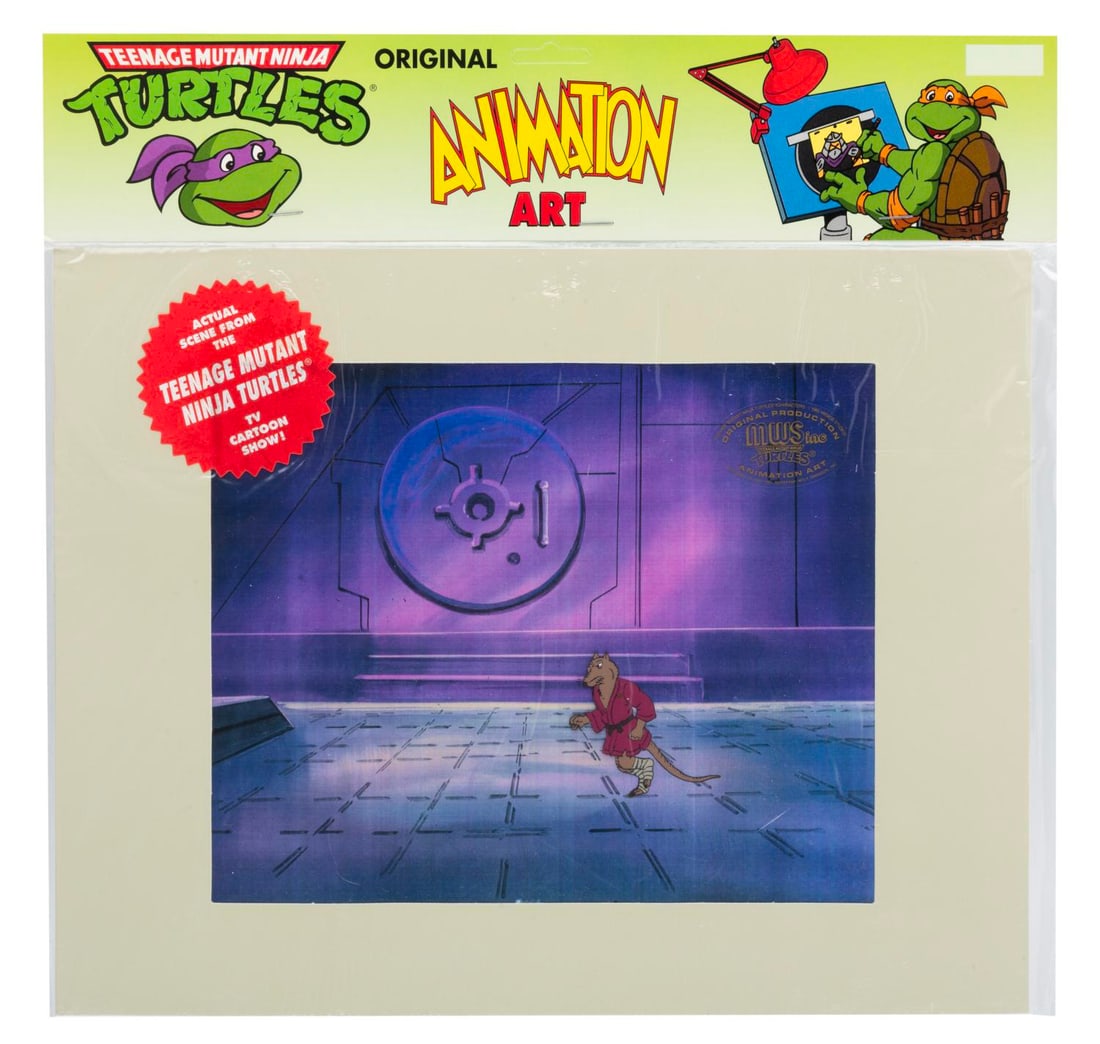 A "Teenage Mutant Ninja Turtles" Splinter Original Production Cel.: (Murakami-Wolf-Swenson, 1987-91) An original production cel of Splinter from “Teenage Mutant Ninja Turtles” with a color copy background. Splinter has an image size of 2” x 2.5”