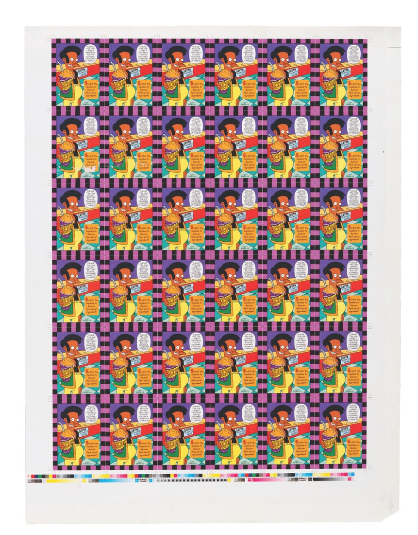 A Sheet of Simpsons Apu Scratch and Sniff Chase Cards.: (Skybox, 1994) A full sheet of Apu scratch and sniff cards from The Simpsons Series II trading card series. "Smell-O-Rama" chase cards were found with one card in every three packs. Measuring