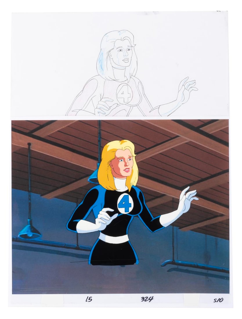 A “Fantastic Four?? Sue Storm Production Cel and Drawing.: (Marvel, 1995) An original production cel and matching drawing of Sue Storm from the “Fantastic Four” episode “Inhumans Saga, Part I" with a color copy background. Sue has an image size of 7