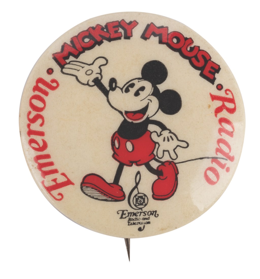 An Emerson Mickey Mouse Radio Button.: (Emerson, 1930s) A button promoting the Emerson Mickey Mouse Radio. Buttons like these were worn by store clerks during the promotional periods. The pin paperback reads “Offset Gravure Corporation