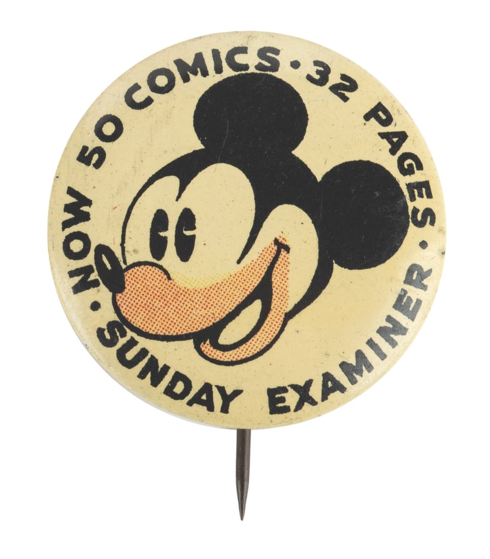 A Mickey Mouse "Sunday Examiner" Newspaper Button. (1 of 2)