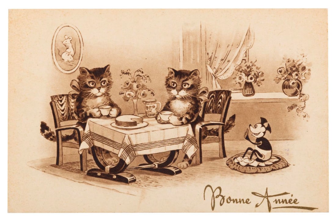 A French New Years Postcard with Cats and Mickey Mouse.: (France, 1930s) A French New Year's greeting card featuring cats enjoying tea with an unlicensed, off-model depiction of Mickey Mouse lounging nearby. Measuring 3.5" x 5.5", the card is in good