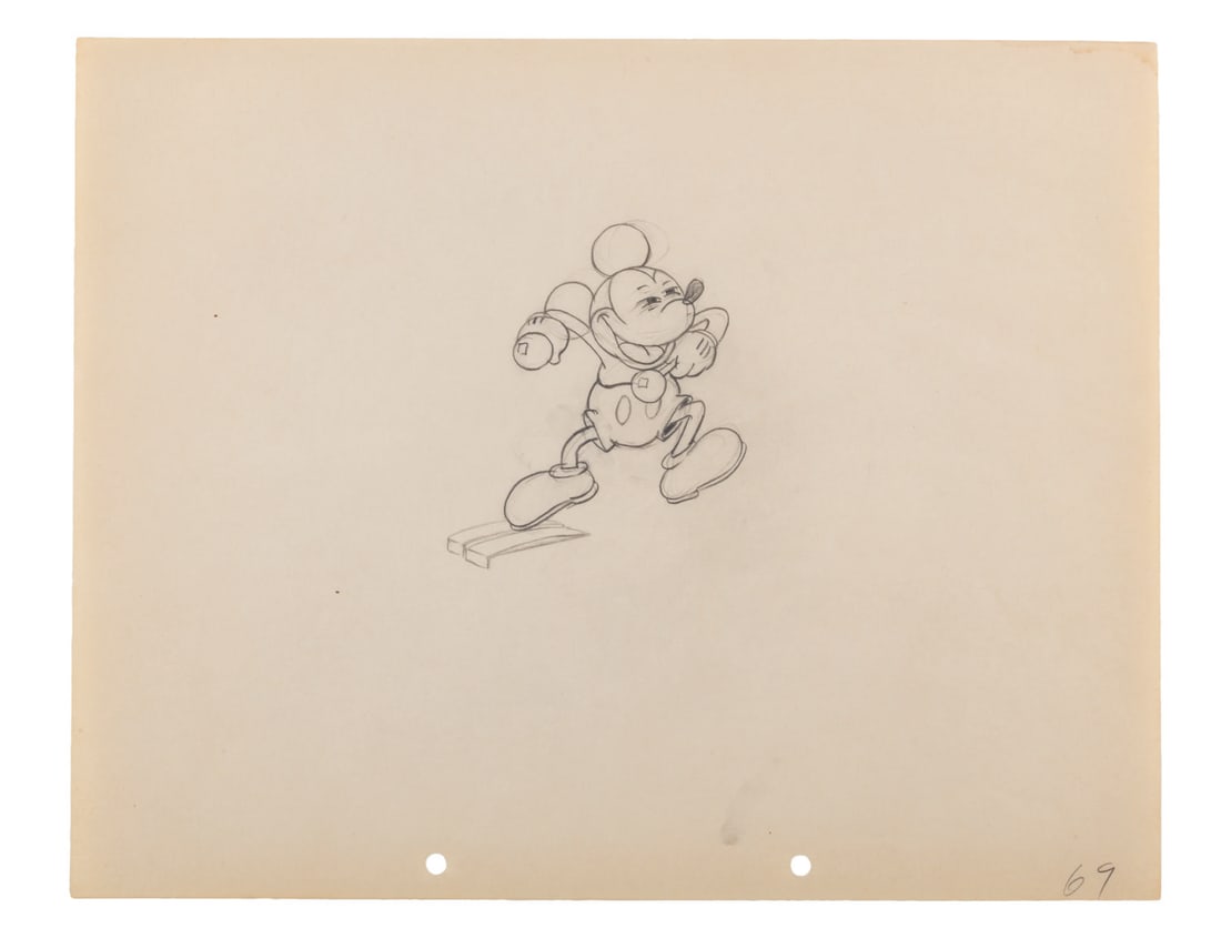 A “Mickey’s Gala Premiere?? Production Drawing.: (Disney, 1933) An original production drawing from "Mickey's Gala Premiere” of Mickey dancing on xylophone keys. With an image size of 4” x 3.25” on 9.5” x 12” animation