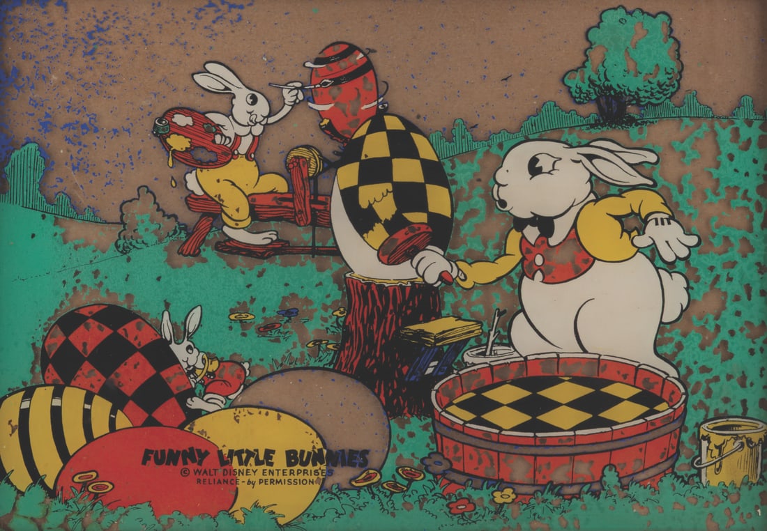 “Funny Little Bunnies?? Colored Enamel on Glass.: (Reliance Picture Frame Co., 1930s) A framed enamel-on-glass picture of the “Funny Little Bunnies” produced by the Reliance Picture Frame Company, an early licensee of the Disney Studio. The