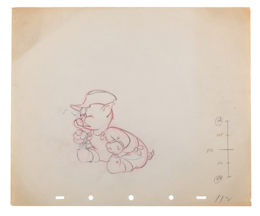 A "Three Little Wolves" Original Production Drawing.: (Disney, 1936) An original production drawing of Practical Pig from "Three Little Wolves," drawn by Disney Legend Fred Moore. With an image size of 4.25” x 4.25” on 10” x 12” a
