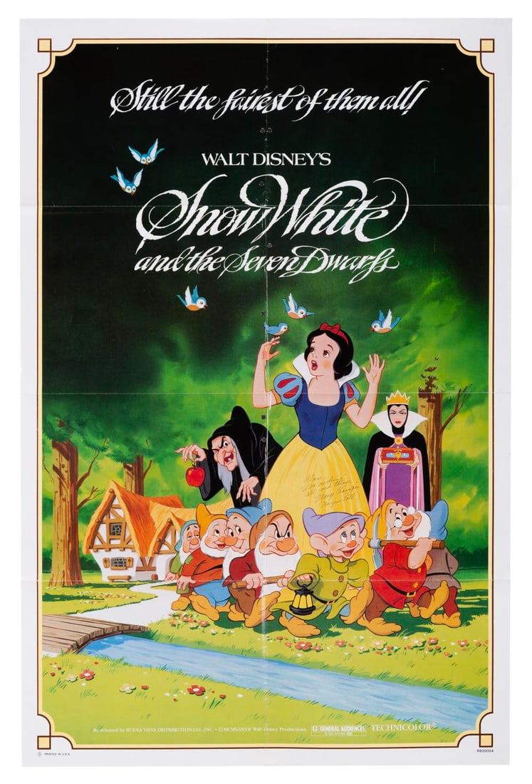 A Marge Champion Signed “Snow White?? Re-Release One-Sheet.: (Disney, 1983) A one-sheet for the 1983 re-release of “Snow White and the Seven Dwarfs” signed by actress Marge Champion, the dance model for Snow White. Champion later modeled The Blue Fairy