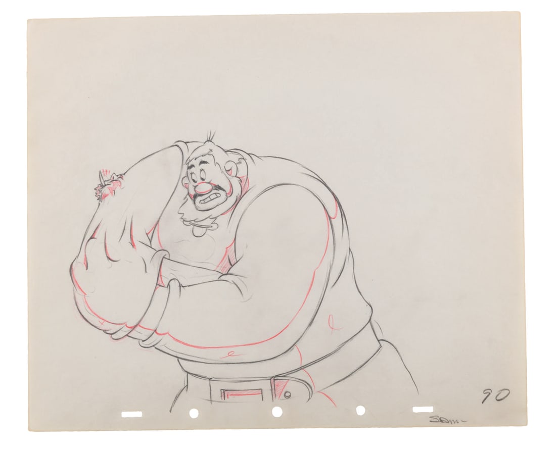A "The Brave Little Tailor" Production Drawing.: (Disney, 1938) An original production drawing of the giant from "The Brave Little Tailor." The giant has an image size of 7" x 8.5" on 10” x 12” animation paper. The graphite and color