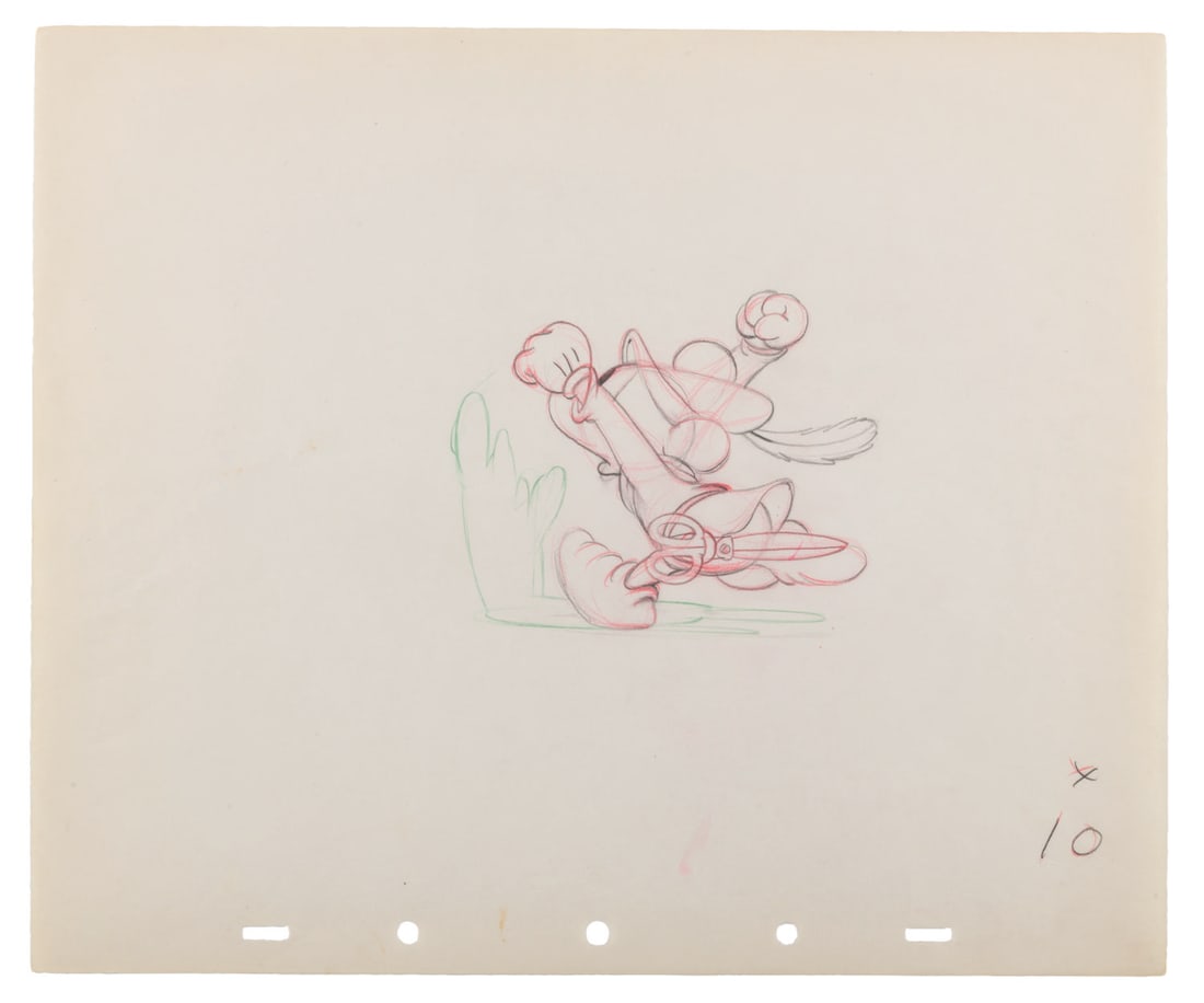 A "The Brave Little Tailor" Fred Moore Production Drawing.: (Disney, 1938) An original production drawing of Mickey Mouse from "The Brave Little Tailor," by Disney Legend Fred Moore. Measuring 4.75” x 3.75” on 10” x 12” animation