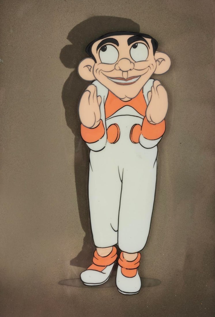 An Eddie Cantor Production Cel from “Mother Goose Goes Hollywood.: (Disney, 1938) An original production cel from “Mother Goose Goes Hollywood” paired with a custom Courvoisier background. The cel features famed entertainer Eddie Cantor, one of the many celeb