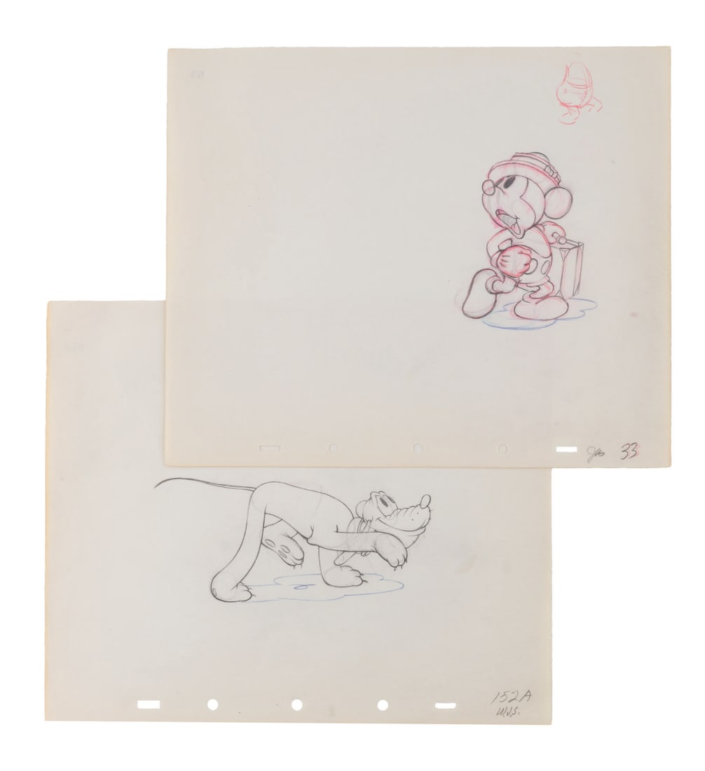 A Pair of "Society Dog Show" Mickey and Pluto Production Drawings.: (Disney, 1939) Two original animation drawings of Mickey Mouse and Pluto from "Society Dog Show." With image sizes of 3.25" x 4.25" and 6.5" x 3" on 10" x 12" animation paper, the graphite and color