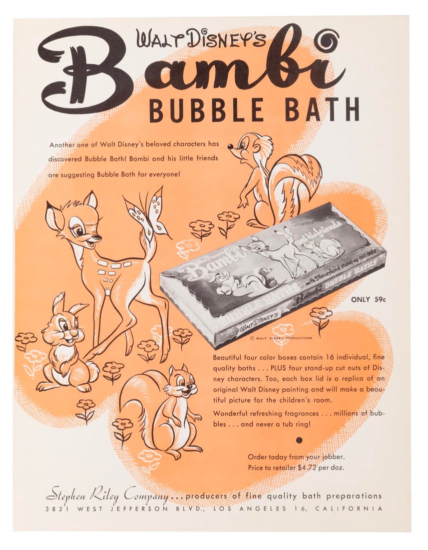 A "Bambi" Bubble Bath Print Ad.: (Stephen Riley Co., 1950s) A print ad for Walt Disney's "Bambi" Bubble Bath. Measuring 8.5" x 11" the ad is in fine condition.